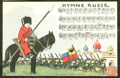 Postcard, Satirical in Colors: Russian Anthem - War of 14-18, Russia, Singing - Soldiers Illustration by Andre Helle (1875-1945)