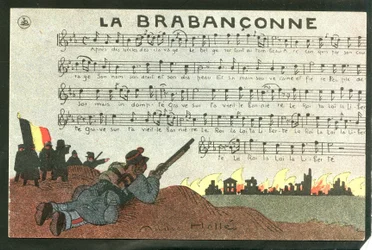 Postcard, Satirical in Colors, circa 1915: La brabanconne - War of 14 -18, Belgium, Chant - Soldiers Illustration by Andre Helle (1875-1945)