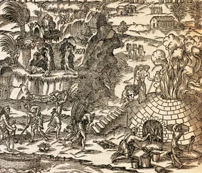 Indian Slaves Working in Mine in Cuba, Illustration from Cosmography by Andre Thevet