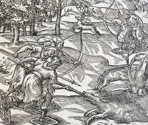 Indians Boar Hunting, engraving from Universal Cosmology, by Andre Thevet
