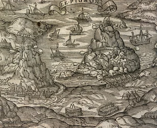 Naval Battle near Le Pignon Island, engraving from Cosmographie Universelle