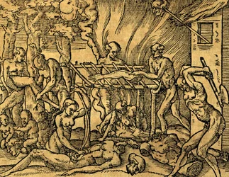 Tupinamba Cannibal Tribe in Brazil, Engraving from Les Singularitez de la France Antarctique by Andre Thevet