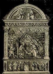 Nativity, terracotta altarpiece by Andrea della Robbia, woodcut from Le cento citta d