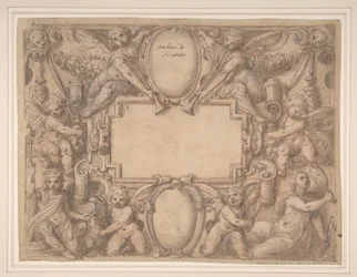A Cartouche and Two Shields Surrounded by Allegorical Figures
