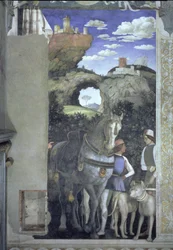 Horse and groom with hunting dogs: (detail)