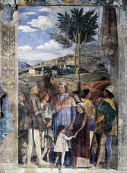 L. Gonzaga, His Sons Cardinal Francesco Gonzaga, Federico I Gonzaga, Francesco, Sigismondo, on Right, Holy Roman Emperor Frederick III, Christian I of Denmark, Meeting Wall (detail)