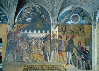 Marchese Ludovico Gonzaga III, his wife Barbara of Brandenburg, their children, courtiers and their dog Rubino, from the Camera degli Sposi or Camera Picta, 1465-74