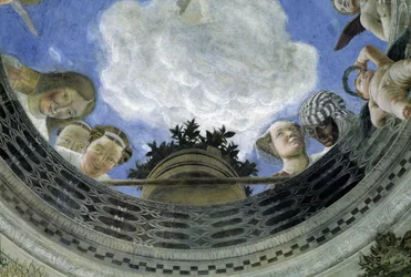 Oculus of the ceiling of the House of Spouses, Ducal Palace of Mantua, Italy (Camera degli Sposi, Palazzo Ducale, Mantova): detail of allegorical figures and putti. Fresco by Andrea Mantegna (1431-1506)