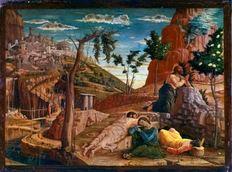 Prayer in the Garden of Olives. After the Last Supper, Christ goes with the Apostles to the hill of Gethsemane, which overlooks Jerusalem. Roman soldiers are approaching to arrest him. Altarpiece of San Zeno in Verona.