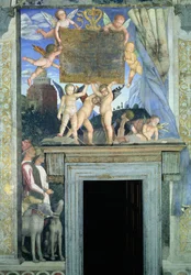 Putti with butterfly wings supporting the dedicatory plaque with hunting dogs and their handlers below, from the Camera degli Sposi or Camera Picta, 1465-74 (detail of 78449)