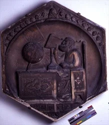 Astronomy, hexagonal decorative relief tile from a series depicting the liberal arts, possibly based on designs by Giotto