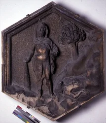 Cain and Abel, hexagonal decorative relief tile from a series illustrating episodes from Genesis, possibly based on designs by Giotto, c.1334-48