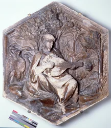 Poetry, hexagonal decorative relief tile from a series depicting the Seven Liberal Arts, possibly based on designs by Giotto