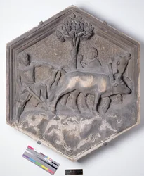 The Art of Agriculture, hexagonal decorative relief tile from a series depicting the practitioners of the Arts and Sciences, possibly based on designs by Giotto