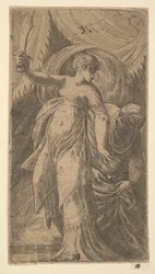 Judith with her sword raised in her right hand and placing the head of Holofernes