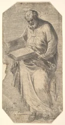 Saint Peter holding a large open book, keys by his side, ca. 1548-50