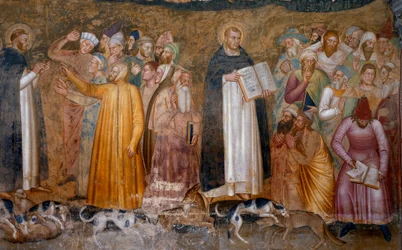 Triumph of the militant church: Thomas Aquinas before the heretics and Fra Dolcino torn the official doctrine of the Church (detail)