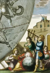 Scientists (Astrologers and Astronomers) Studying Globes and the Sky Chart, Detail from Atlas Coelestis seu Harmonia Macrocosmica by Andreas Cellarius (1596-1665)