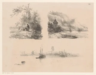 Figures in a Forest, a River along a Mountainous Coast, and Boats on the Water