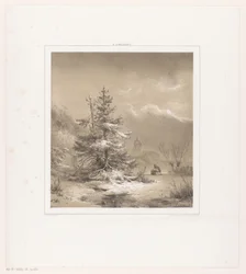 Winter Landscape with Conifer Trees and Man with Sled