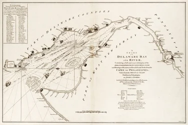 A chart of Delaware Bay and river, containing a full and exact description of the shores, creeks, harbours, soundings, shoals, sands and bearings of the most considerable land marks, from the Capes to Philadelphia