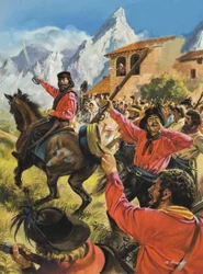 Guiseppe Garibaldi and his army in the battle with the Neopolitan Royal troops