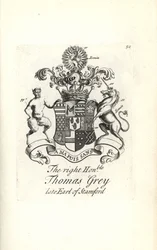 Coat of arms and crest of the right honorable Thomas Grey, 2nd Earl of Stamford