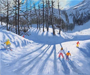 Long tree shadows and skiers, Tignes