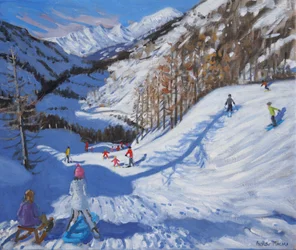 Shadow of a fir tree and skiers, Tignes, 2014