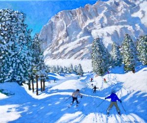 Skiing towards the Dolomites, Val Gardena, Italy