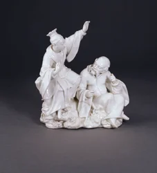 A Derby Dry-Edge Chinoiserie Group Emblematic of Hearing from a Set of the Senses, c.1750-52