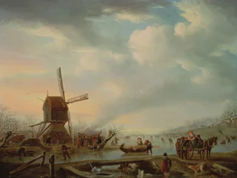 An Extensive Winter Landscape with Figures Skating