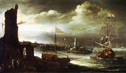 A Dutch ship anchored in front of the port of Genoa