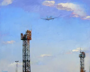 Fighter Jet Over Towers