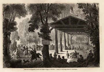 A school of mutual education, in a wood of Virginia (United States), drawing by Janet Lange, to illustrate a visit to the cave of Mammoth, Kentucky, in 1859, by M. Pousselgue. Engraving in Le tour du monde, edited by Edouard Charton