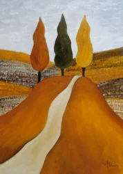 Autumn Road with Three Trees