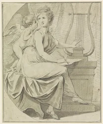 Amor Inspires a Young Woman, Playing a Lyre with One Hand and Writing with the Other