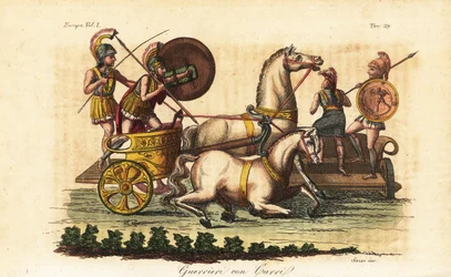 Ancient Greek Warriors with Painted Shields Riding a Biga or Two-Horse Chariot