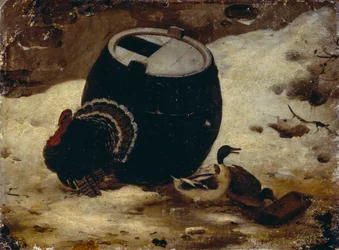 Animals and a barrel in the snow