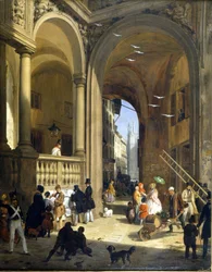 Milan, Piazza Mercanti, painting by Angelo Inganni, circa 1825.