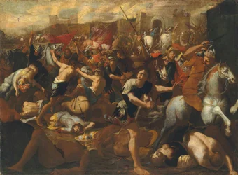 The Battle between the Israelites and the Amalekites overlooked by Moses, his arms held aloft by Aaron and Hur
