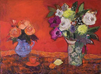 Two Jugs of Flowers on Red, 2019