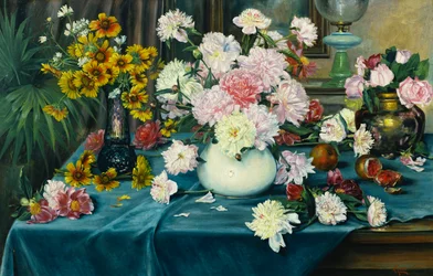 Peonies, Roses and Other Flowers in Vases on a Table Draped with a Blue Cloth