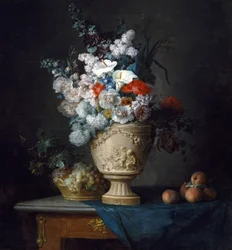 Bouquet of Flowers in a Terracotta Vase with Peaches and Grapes