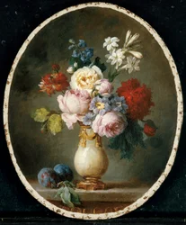 A Vase of Flowers and Two Plums on a Marble Tabletop
