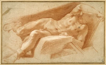 Recumbent youth posed nude, except for his hose pulled down to his ankles