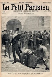 A capital execution in Germany. Executioner Friedrich Reindel (1824-1908) of Magdeburg, cutting off the head of the convict Klausin in Berlin prison. Engraving in “Le Petit Parisien” of 19-04-1891. Private collection.