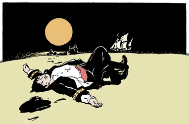 A captain killed by pirates is abandoned on an island, the pirate ship moves away on the horizon (Illustration from 