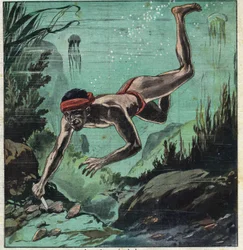 A pearl researcher risking his life in the tropical seas of Ceylon and Polynesia to supply eleganties with necklaces and jewelry. Illustration taken from Le Petite Journal 11/03/1923 Private collection