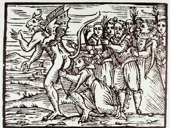 A witch kisses satan (Engraving)